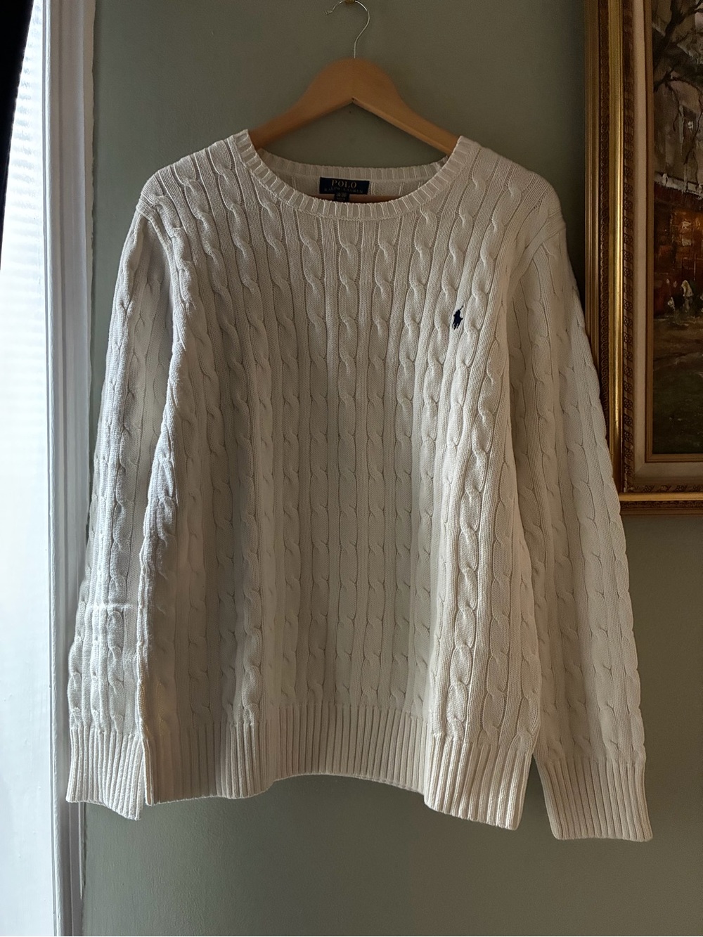 Polo by Ralph Lauren Cream Cable-Knit Crewneck Sweater, Boys XL 18-20 - Picture 3 of 6